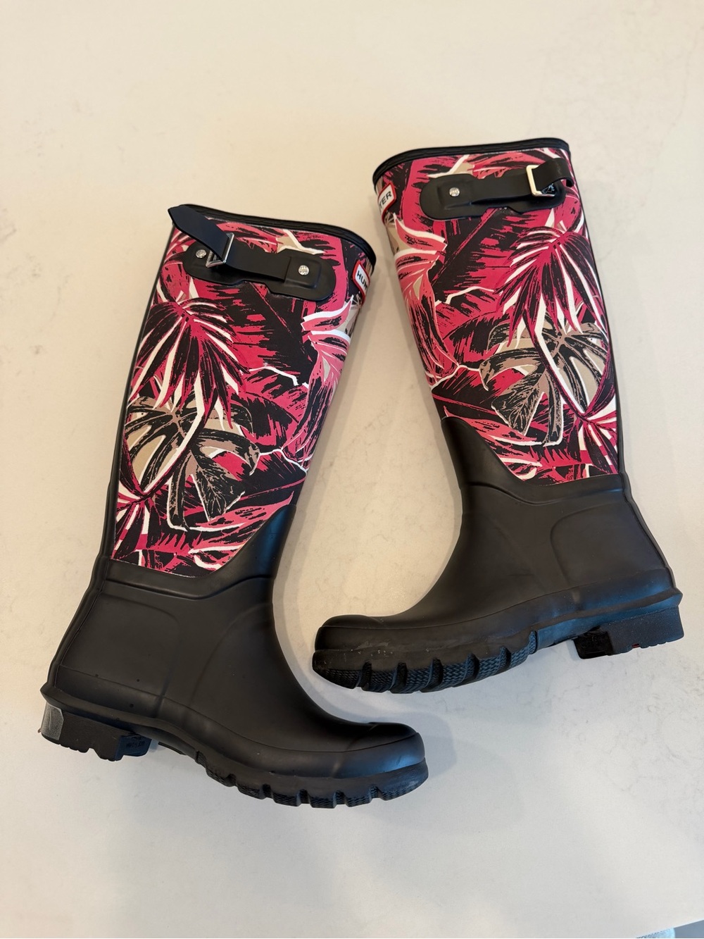 Hunter Black & Pink Tropical Tall Rain Boots